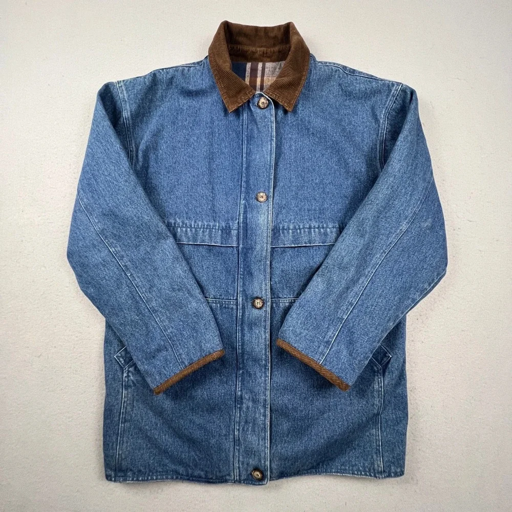 St. John's Bay Denim Barn Jacket Womens XL Blue Plaid Flannel Line Corduroy Trim